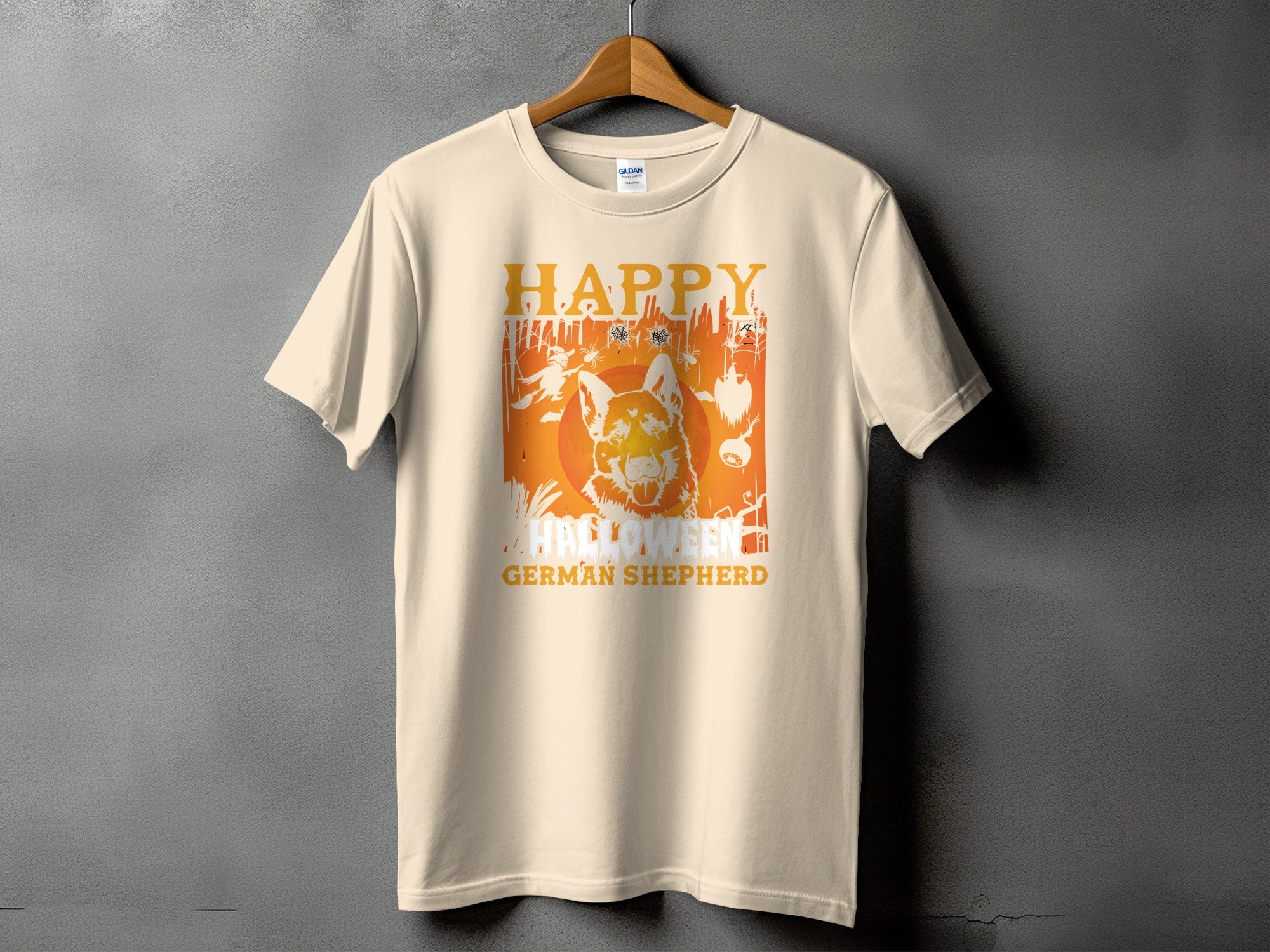 Cream t-shirt with "Happy Halloween German Shepherd" text and graphic.