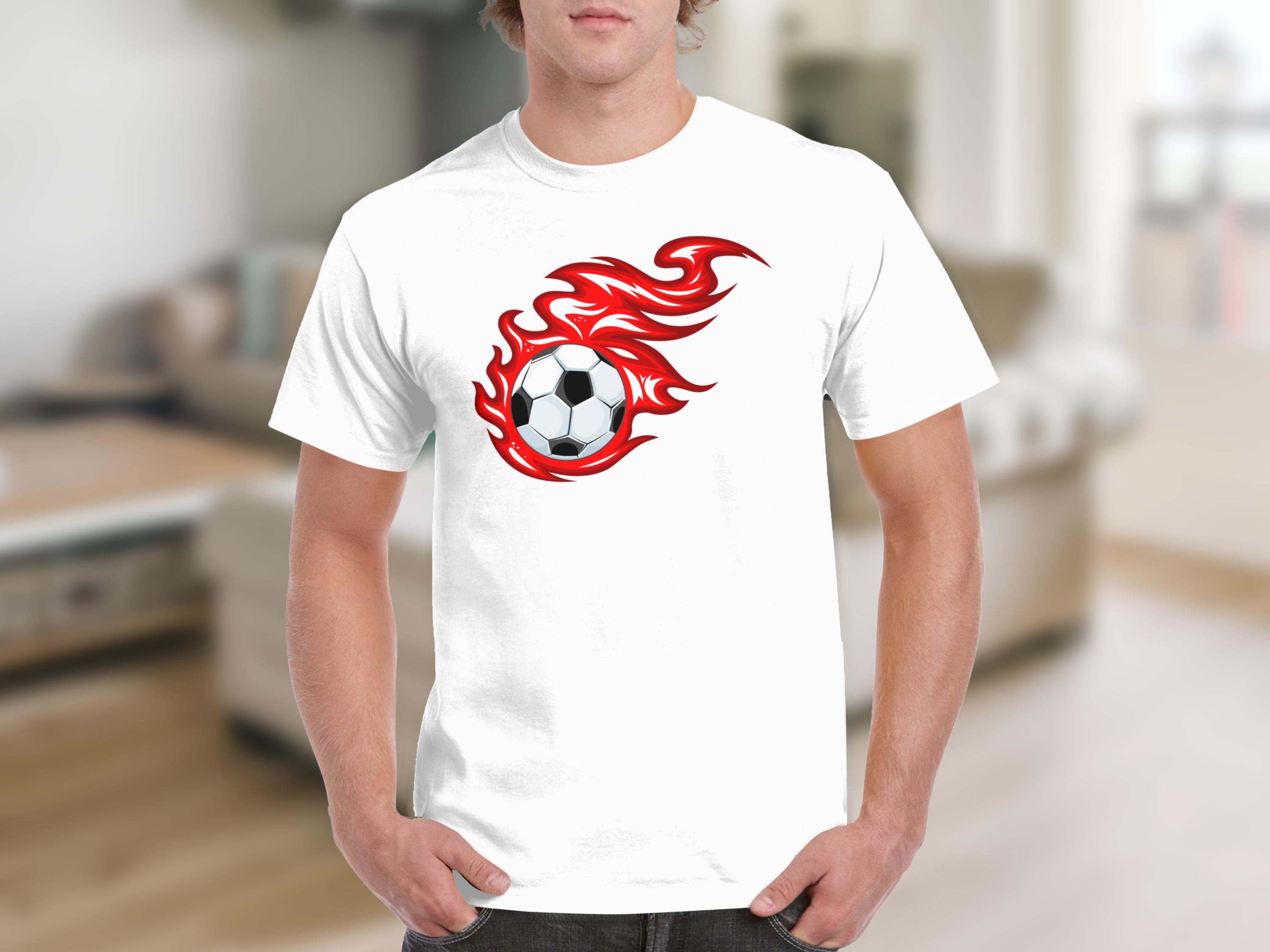 White t-shirt with a soccer ball engulfed in red flames graphic.