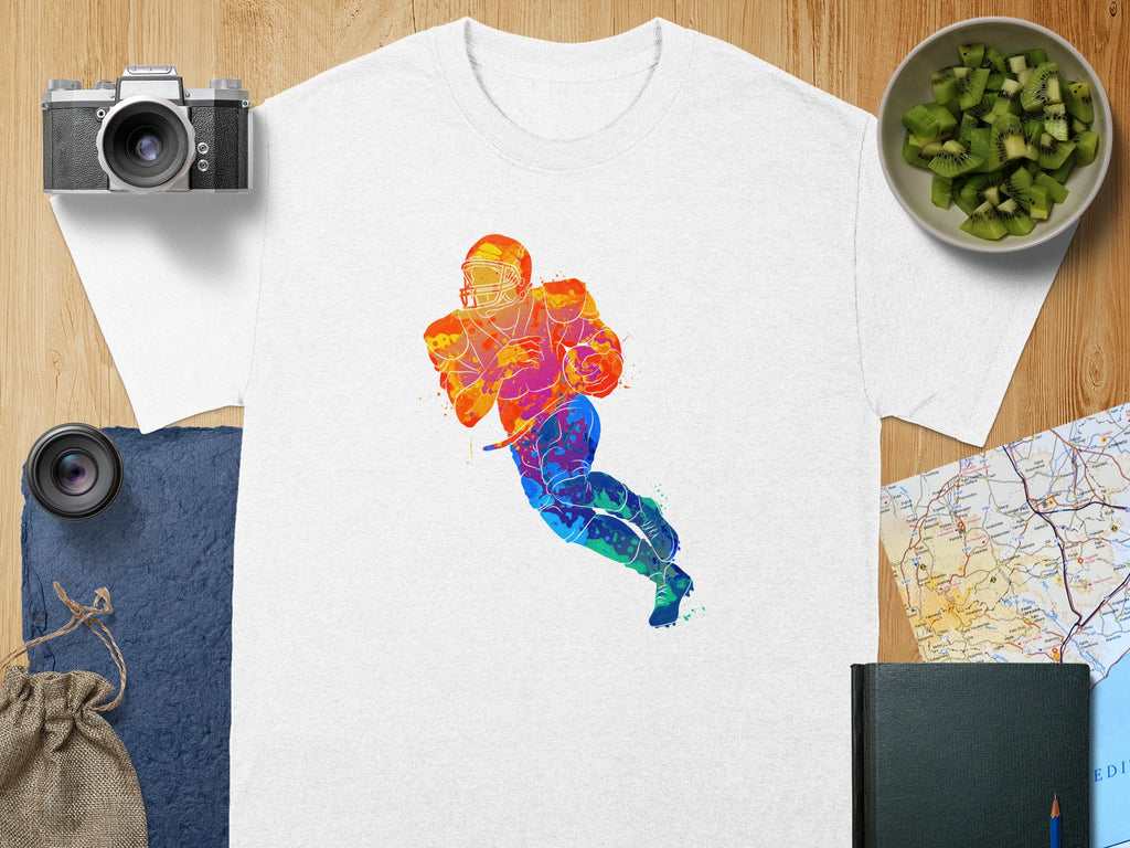 White t-shirt featuring a watercolor-style football player in motion.