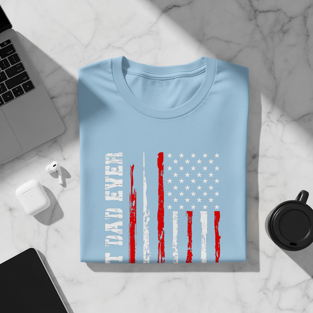 Light blue t-shirt with distressed American flag and "TRENDY EVER" text.