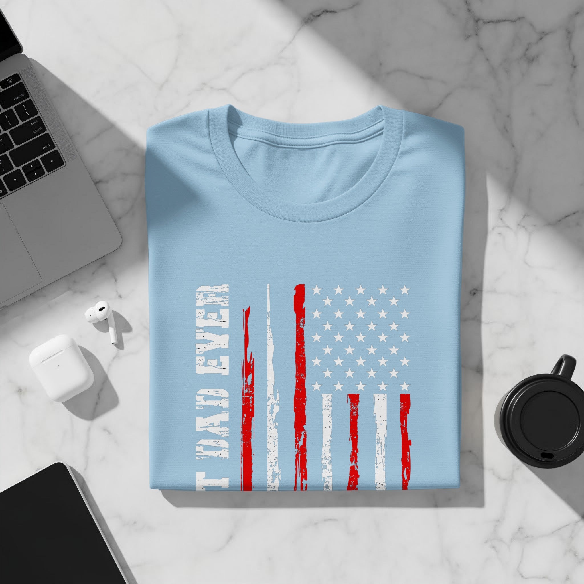 Light blue t-shirt with distressed American flag and "TRENDY EVER" text.