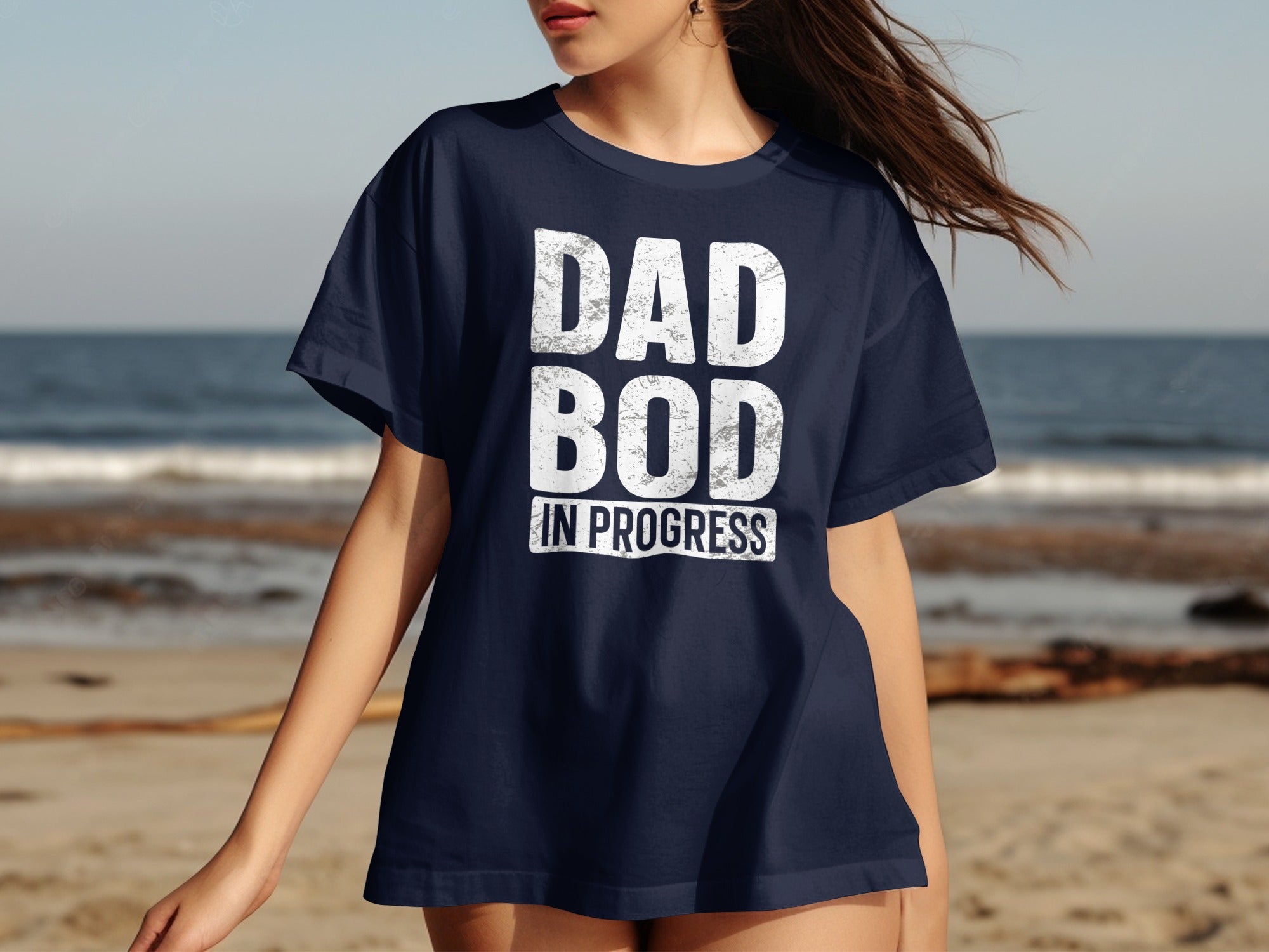 Navy t-shirt with white distressed text "DAD BOD IN PROGRESS"