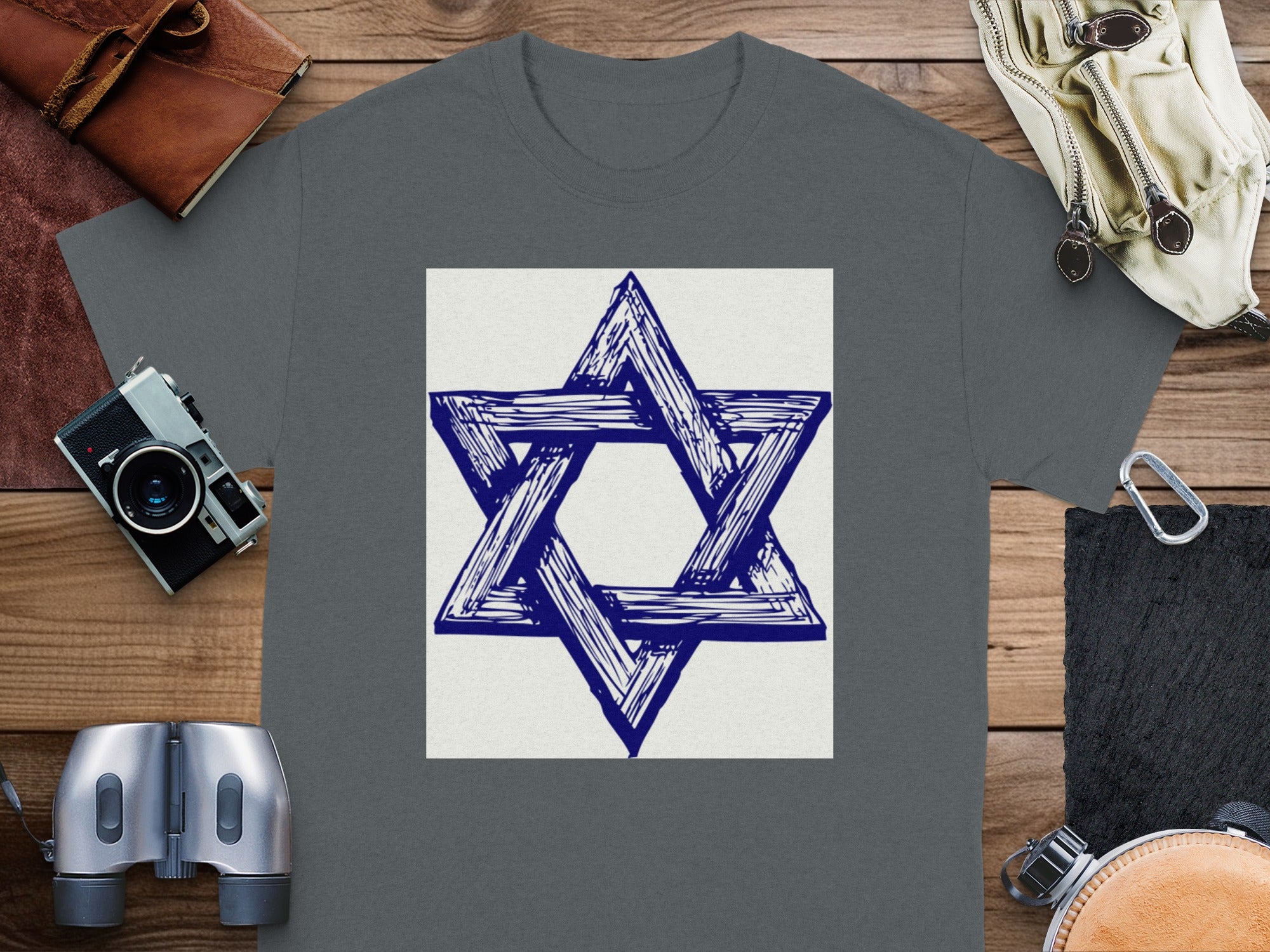 Grey t-shirt with a blue hand-drawn Star of David graphic.