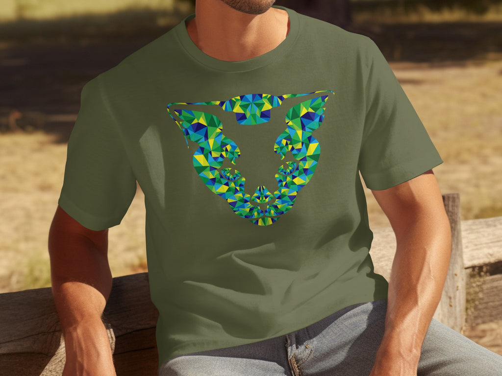 Green t-shirt with abstract geometric blue, green, and yellow design on the chest.