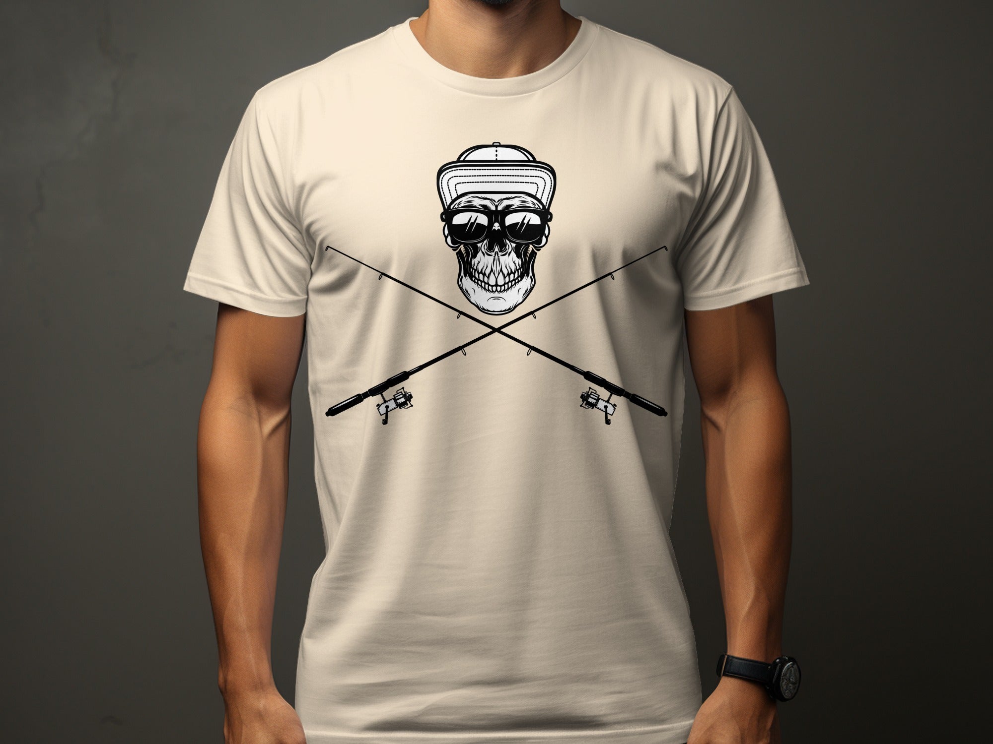 Skull wearing sunglasses and a hat with crossed fishing rods.