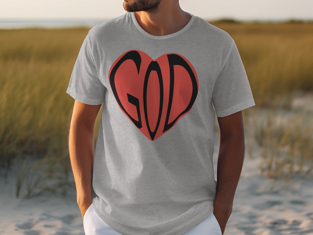Gray t-shirt with a red heart graphic containing the word GOD in black.