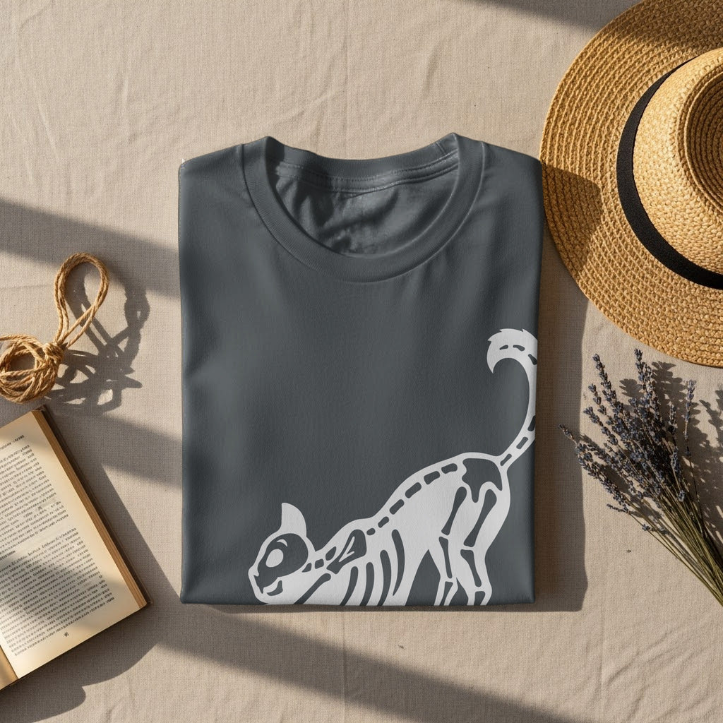 Dark gray t-shirt with white cat skeleton graphic on a neutral textured background.