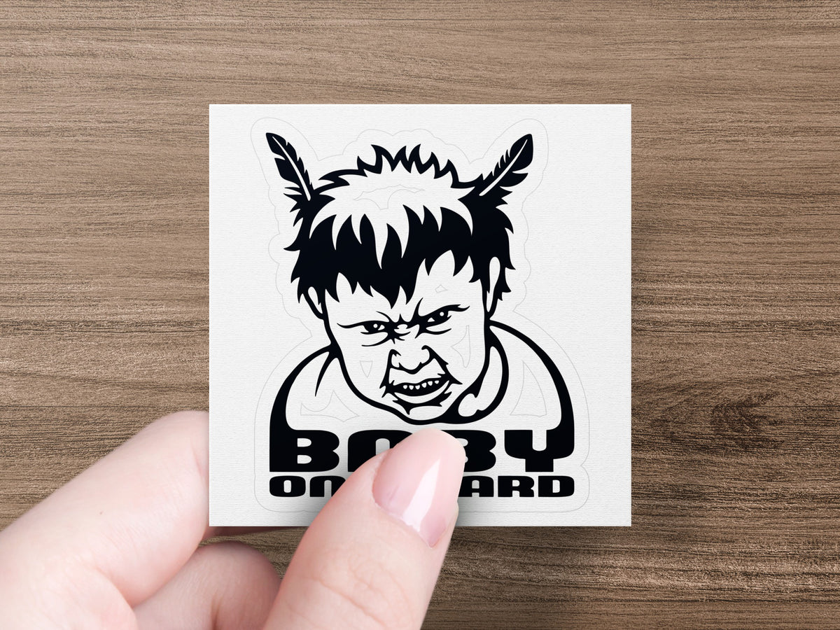 Black and white sticker with angry baby and text "Baby On Board".