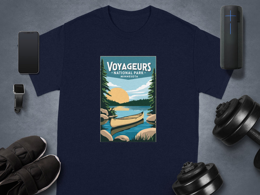 Navy t-shirt with Voyageurs National Park Minnesota graphic.