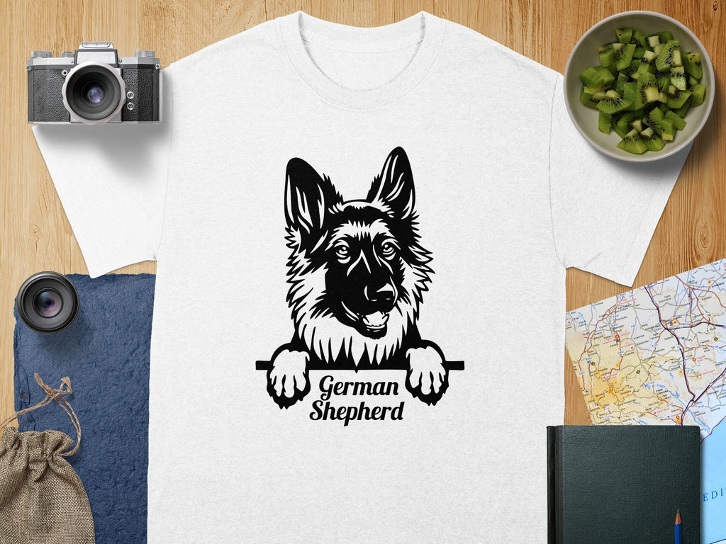 White t-shirt with black German Shepherd design and text.