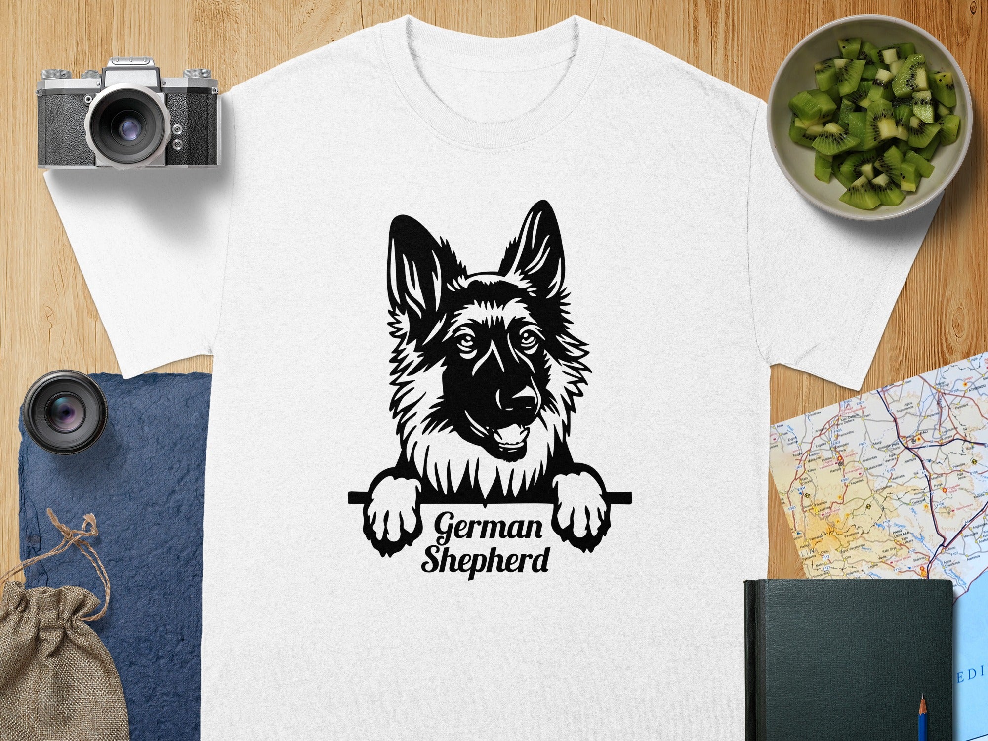 White t-shirt with black German Shepherd design and text.