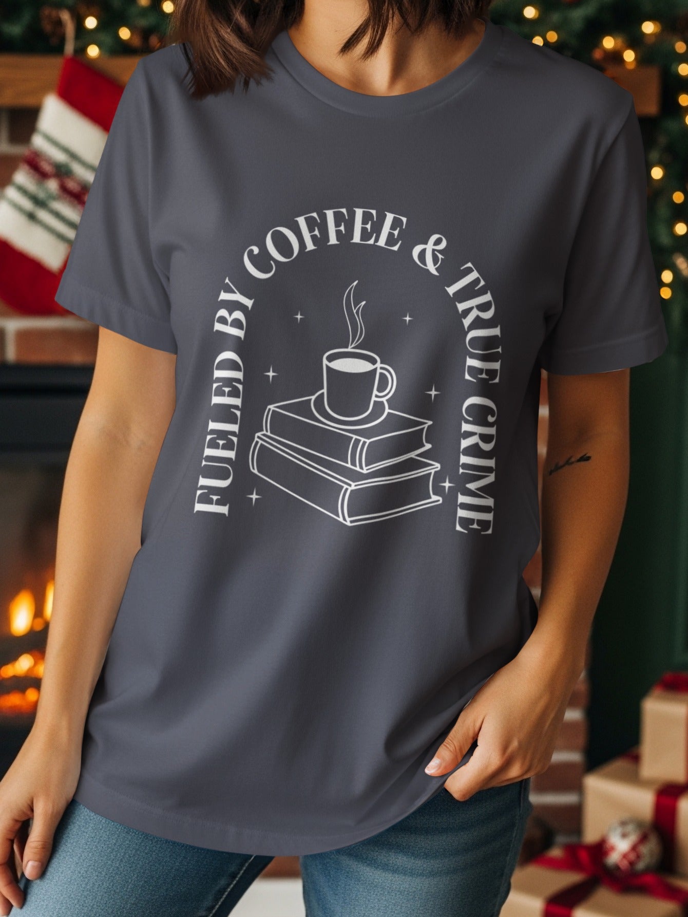 Fueled by coffee and true crime graphic on grey t-shirt.