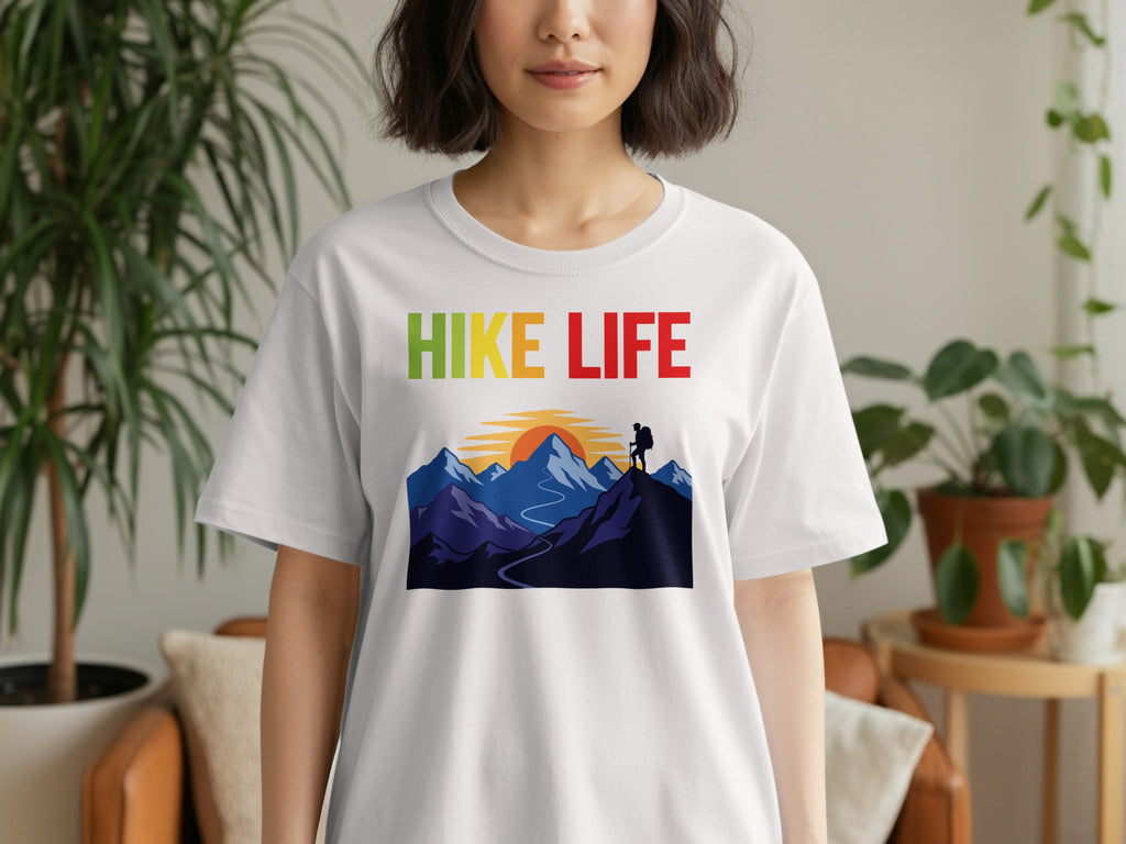 White t-shirt with "Hike Life" and a mountain landscape graphic.