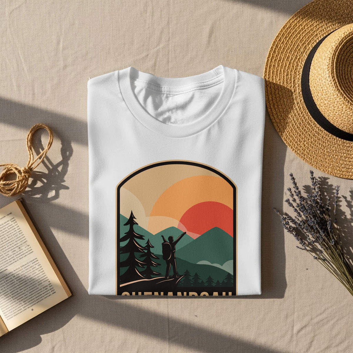 White t-shirt with a vintage mountain landscape graphic and "Shenandoah" text.
