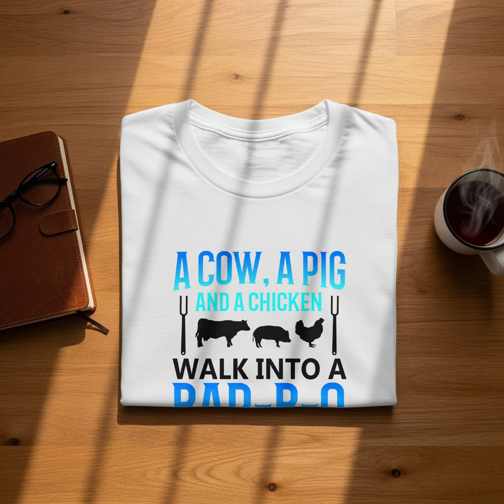 White t-shirt with text "A COW, A PIG AND A CHICKEN WALK INTO A DAD JOKE".