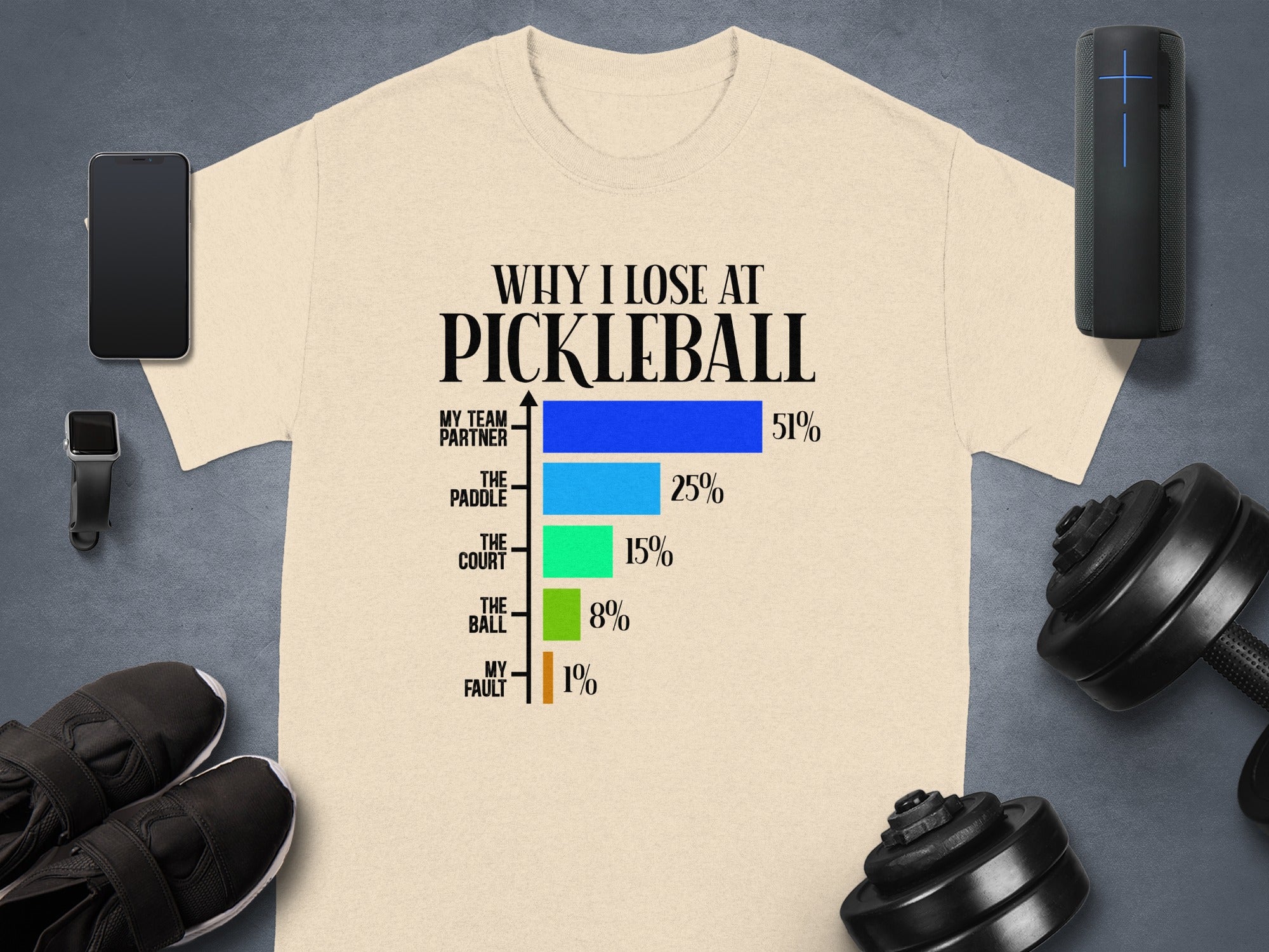 T-shirt graphic with "Why I Lose at Pickleball" and a bar chart.