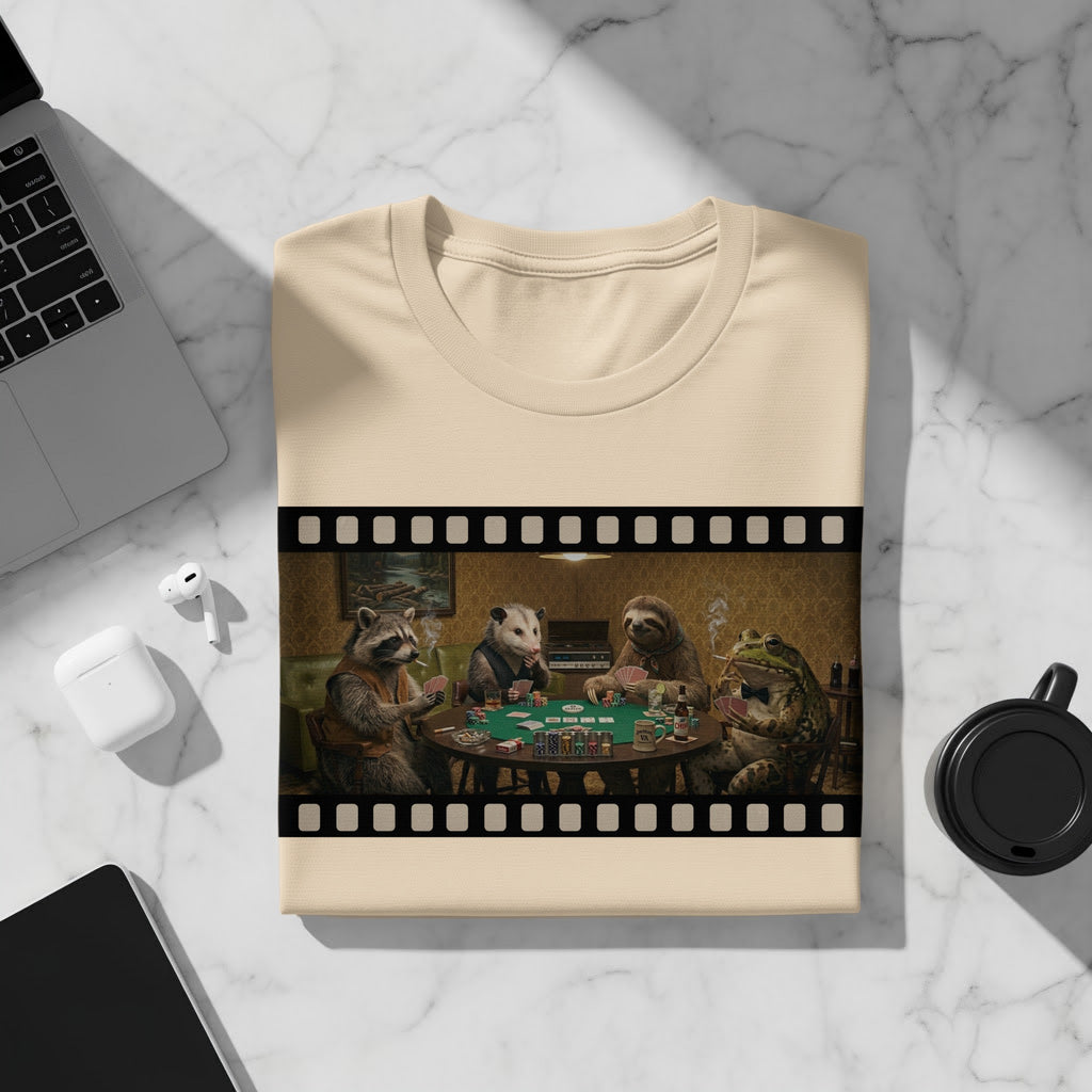 Animals playing poker at a table, presented with a film strip border.