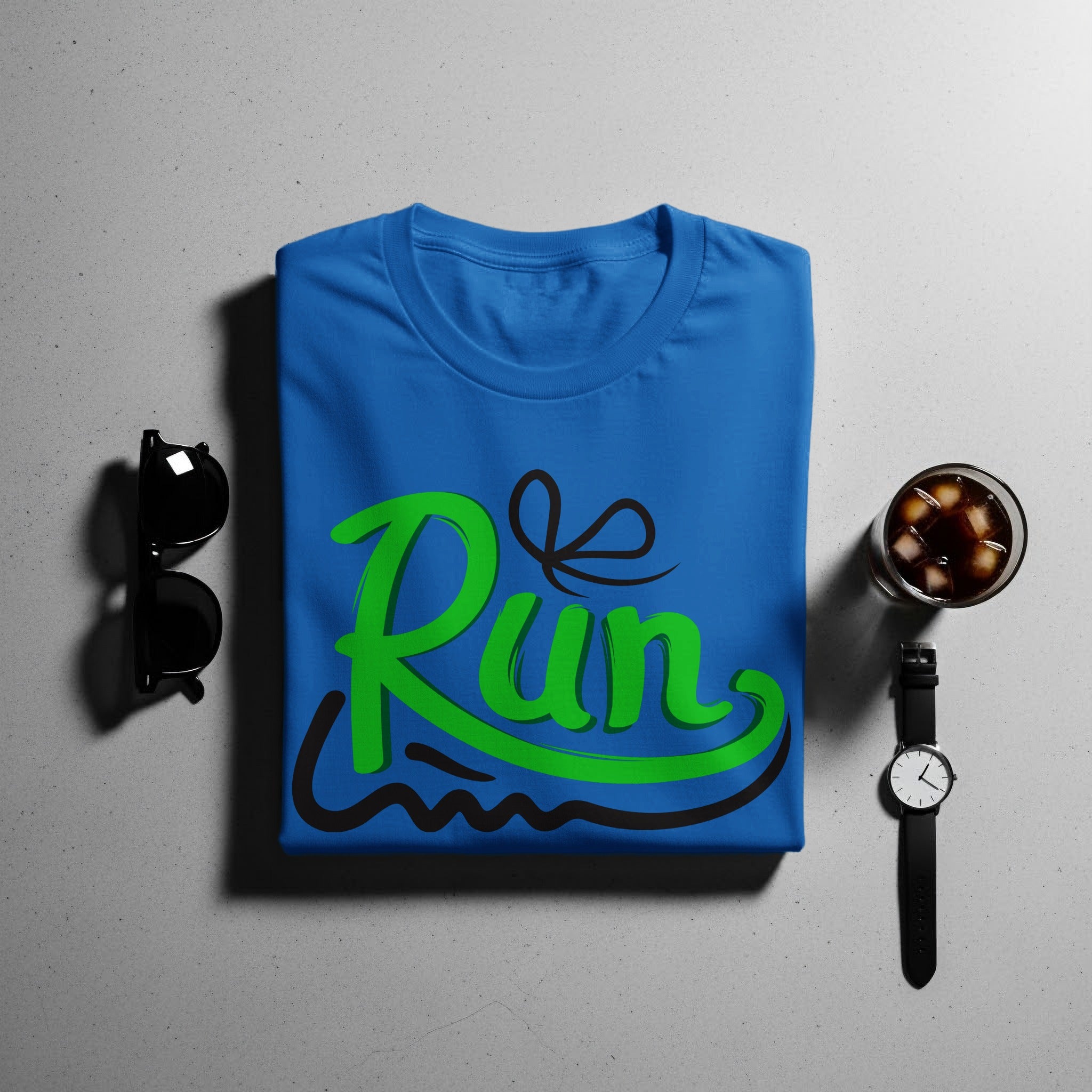 Blue t-shirt with green "Run" graphic, sunglasses, and wristwatch.