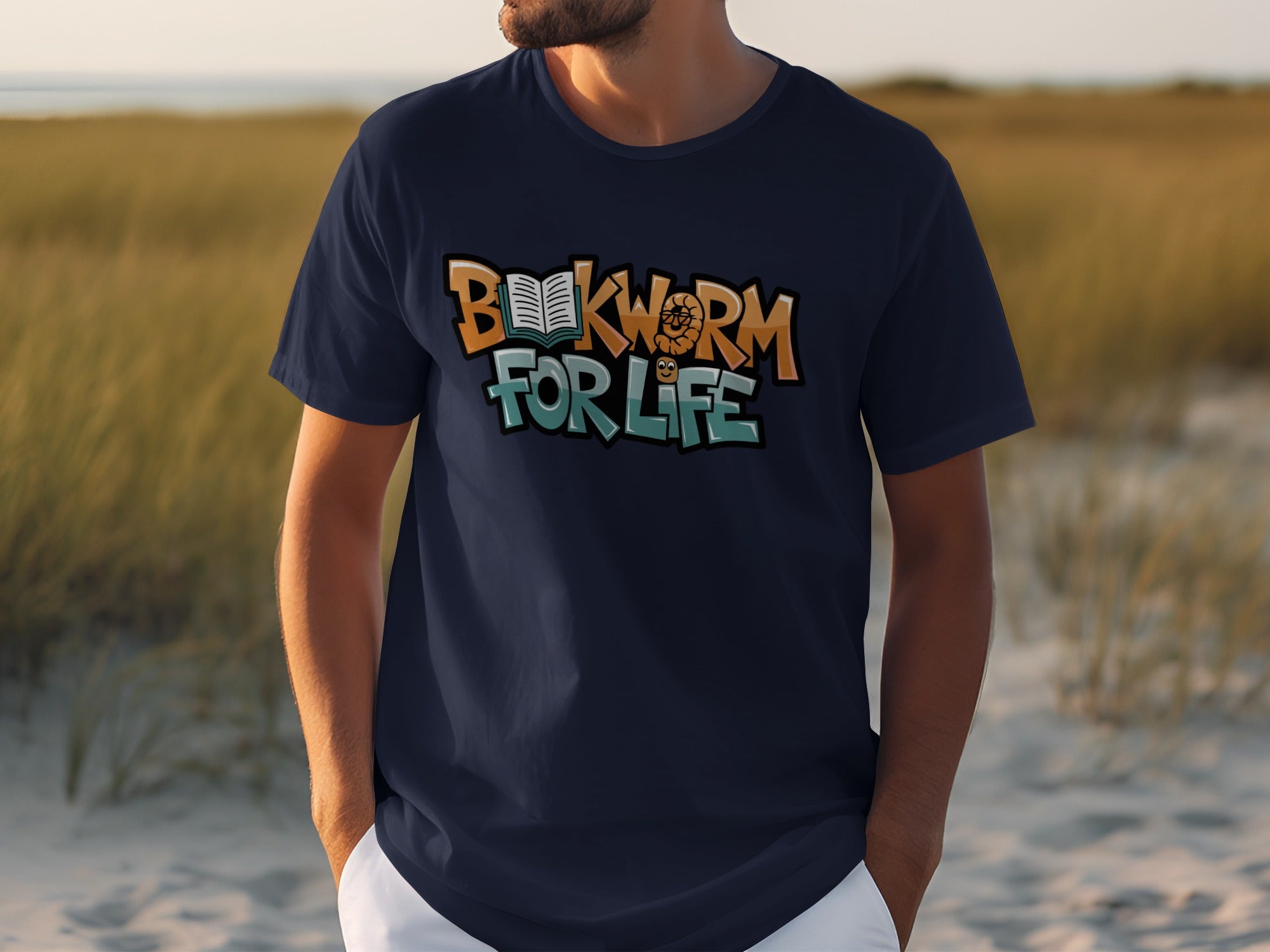 Dark navy t-shirt with "BOOKWORM FOR LIFE" text and cartoon bookworm graphic.