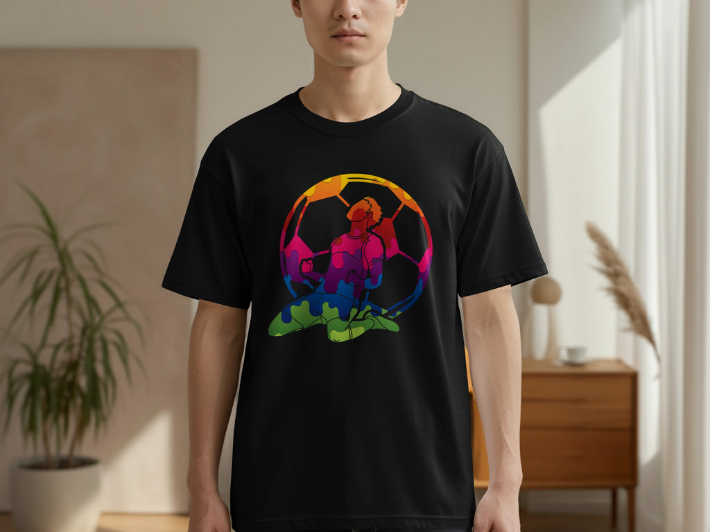 Black t-shirt with a colorful abstract rendering of a soccer player in front of a soccer ball.