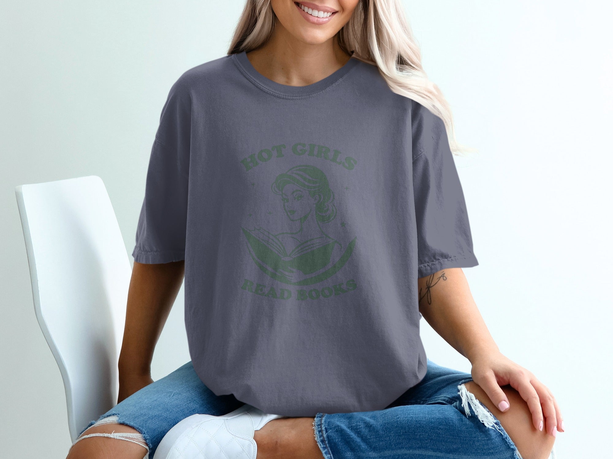 T-shirt with "Hot Girls Read Books" text and a woman reading a book graphics.