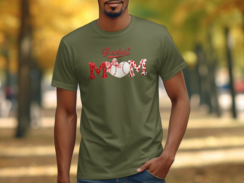 Olive green t-shirt with "Baseball Mom" text and baseball graphic.