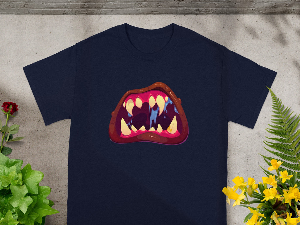 Navy t-shirt with cartoon monster mouth graphic.