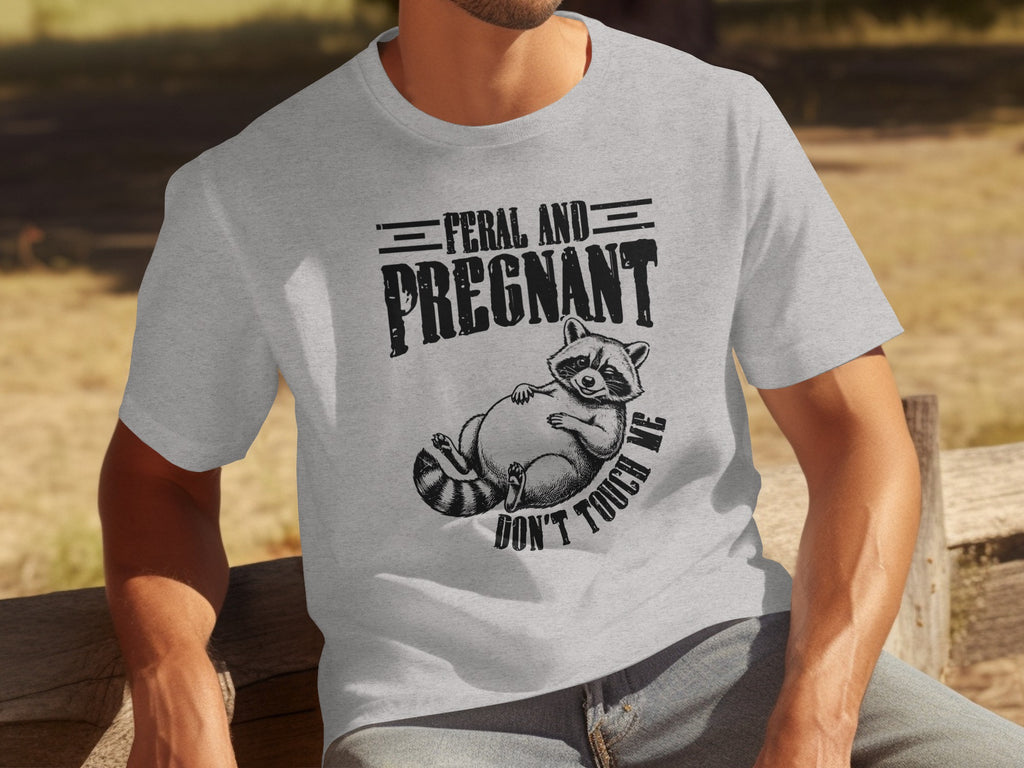 Feral and pregnant raccoon graphic with text don't touch me on gray t-shirt.
