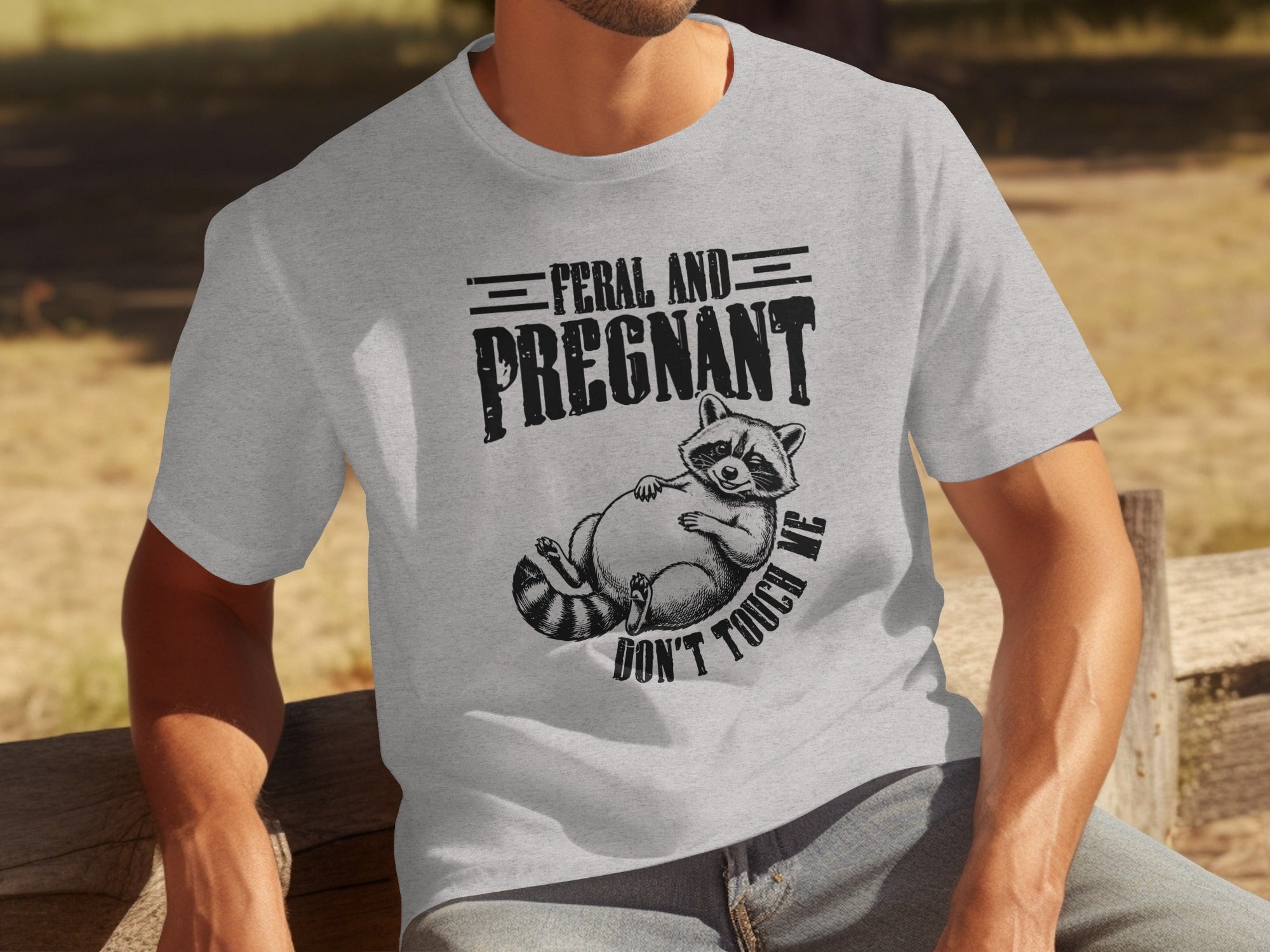 Feral and pregnant raccoon graphic with text don't touch me on gray t-shirt.
