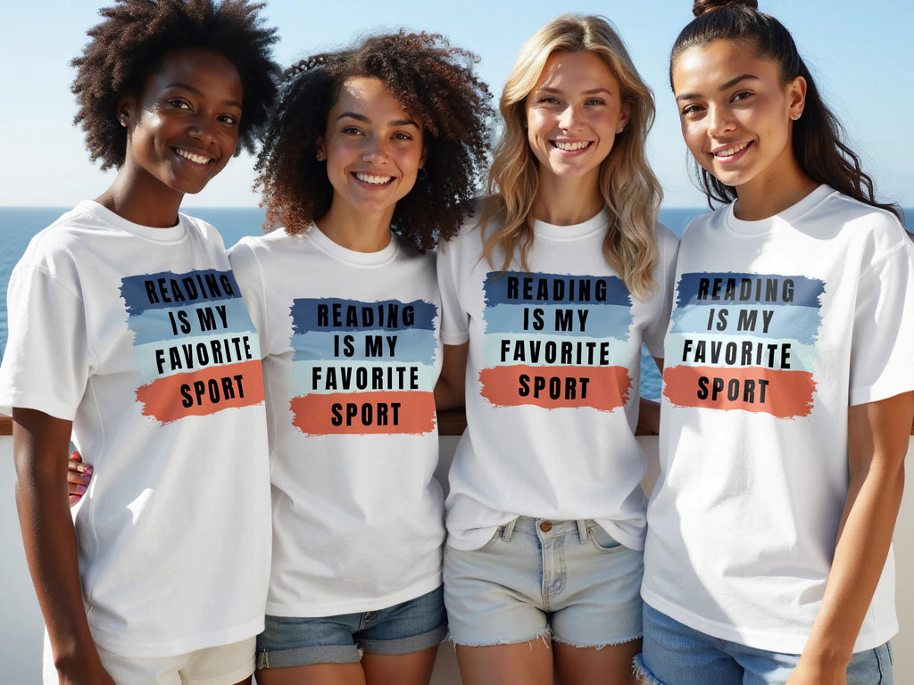 Four women wear white t-shirts with the text "READING IS MY FAVORITE SPORT".