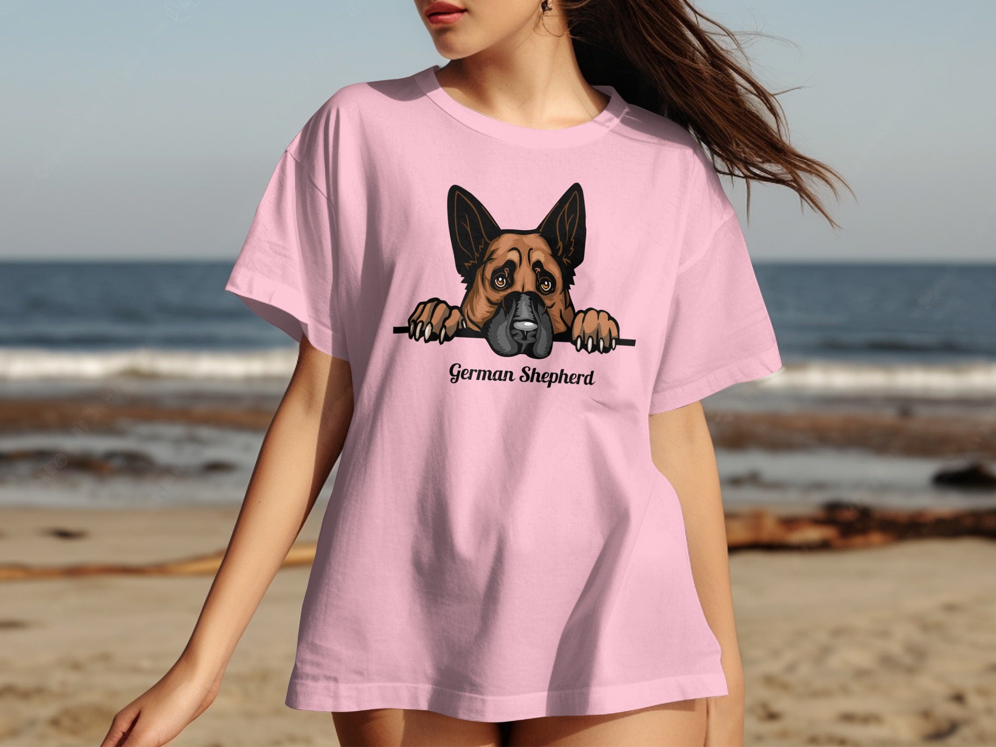Pink t-shirt with a graphic of a German Shepherd peeking over a bar.