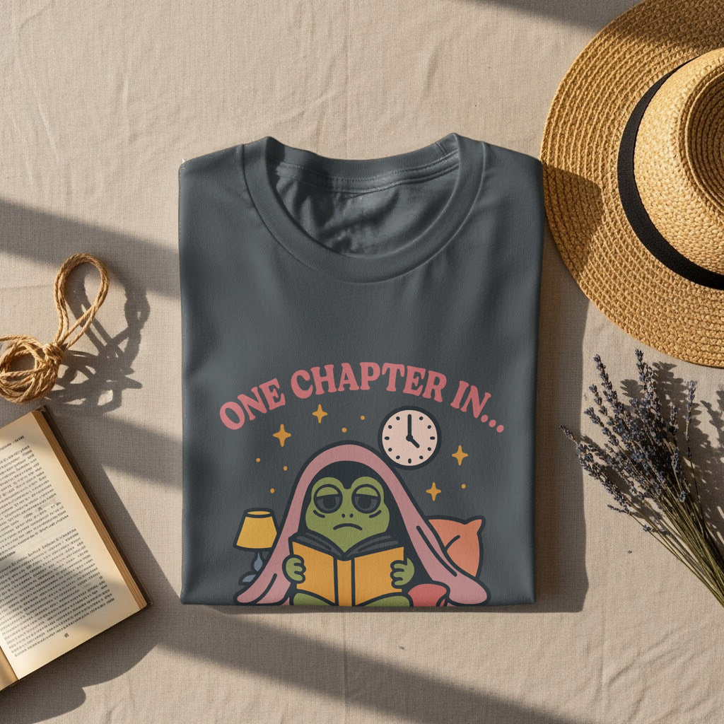 Dark grey t-shirt with a sleepy frog reading under a blanket.