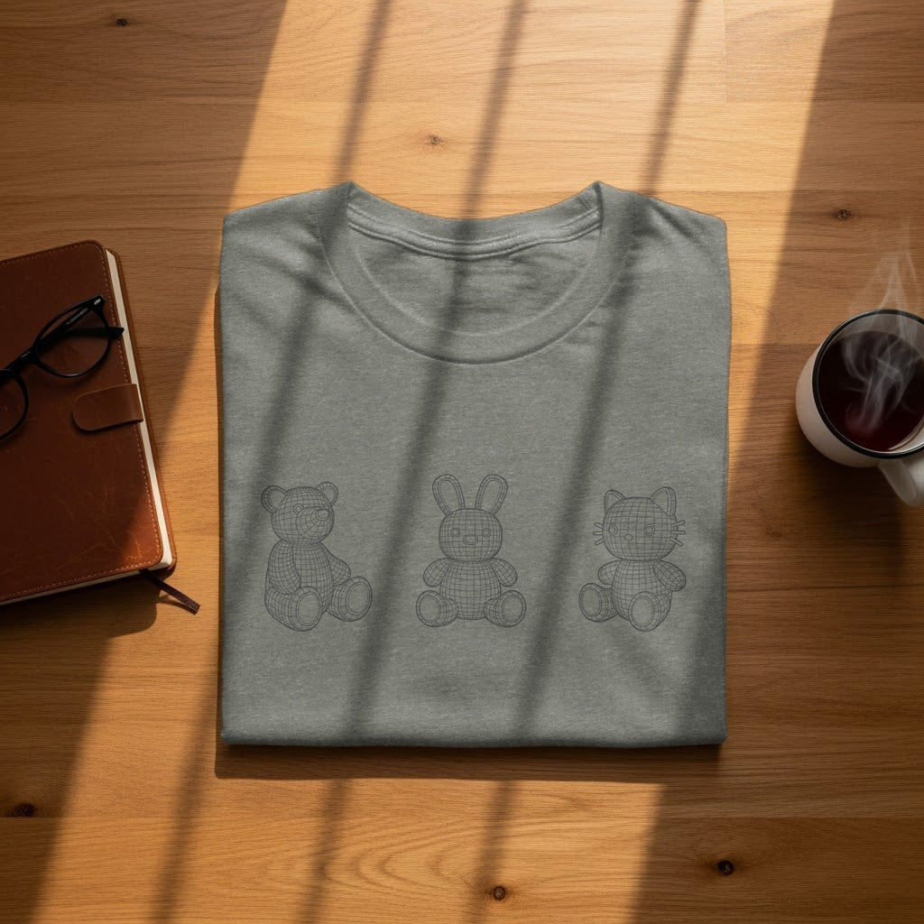 Gray t-shirt with a wireframe teddy bear, bunny, and cat graphic.
