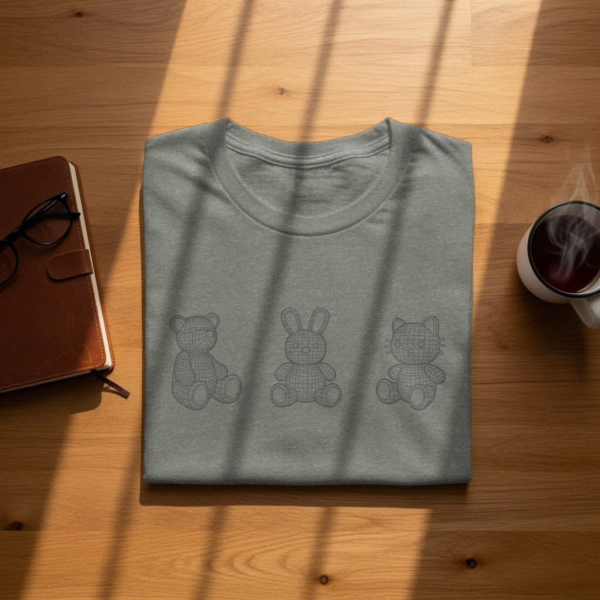 Gray t-shirt with a wireframe teddy bear, bunny, and cat graphic.