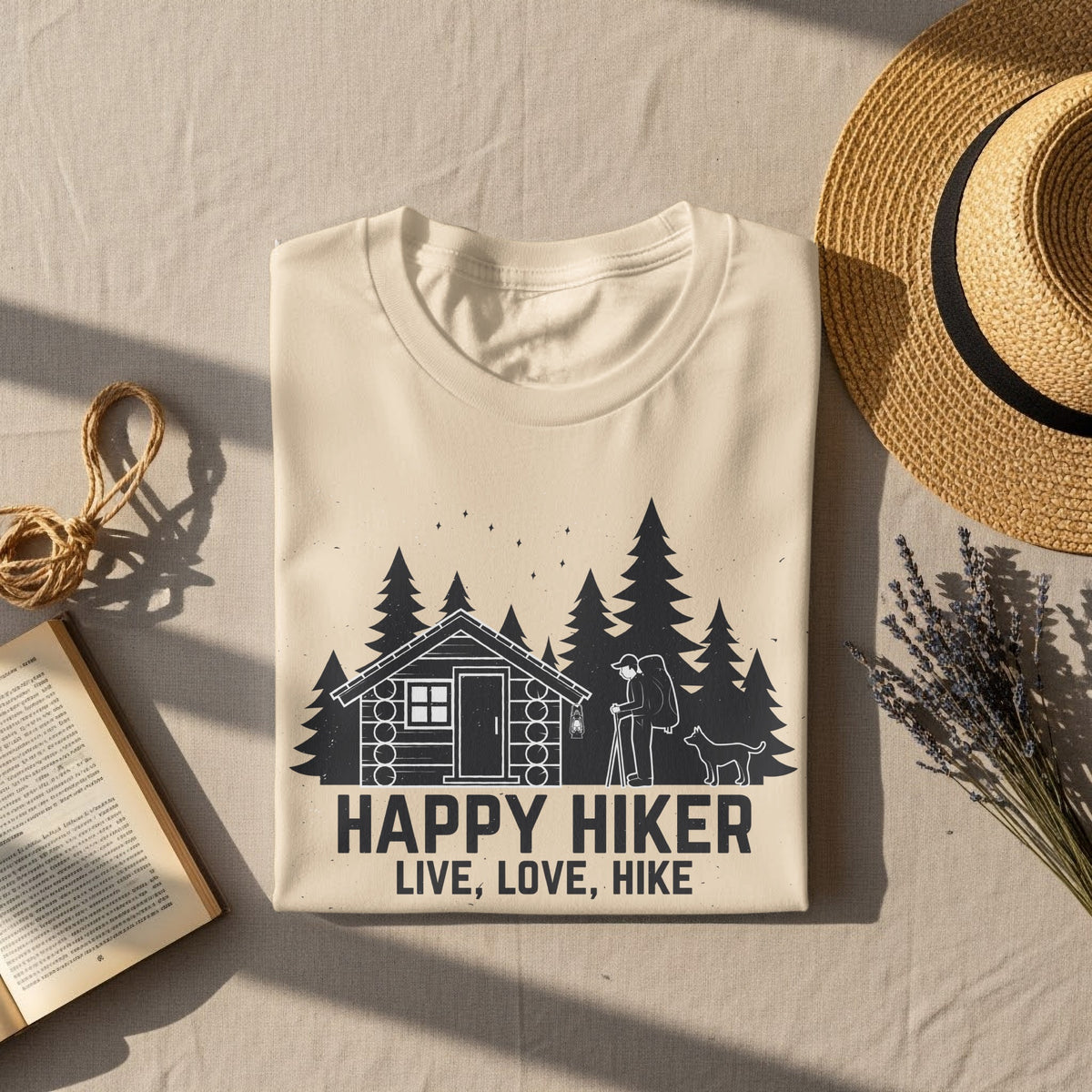 Cream t-shirt with a black graphic of a cabin, trees, hiker, and dog, reading "Happy Hiker Live, Love, Hike."