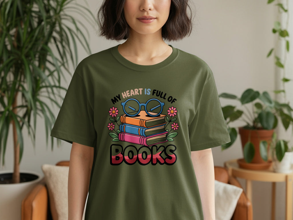 T-shirt with graphic text "MY HEART IS FULL OF BOOKS" and stacked books.