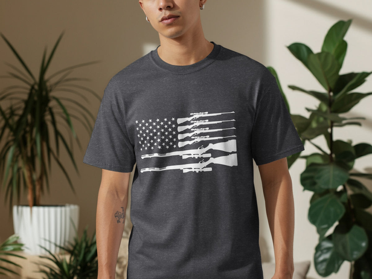 Dark gray t-shirt with white American flag design made of rifles.