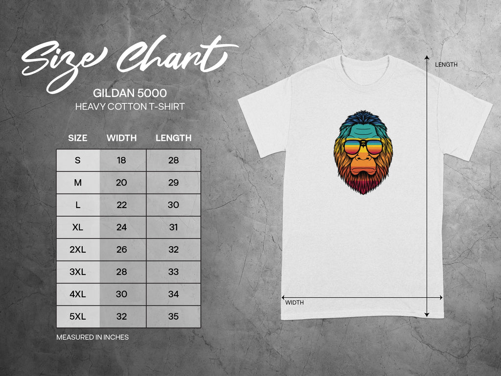 Gildan 5000 Heavy Cotton T-Shirt size chart with width and length measurements in inches.