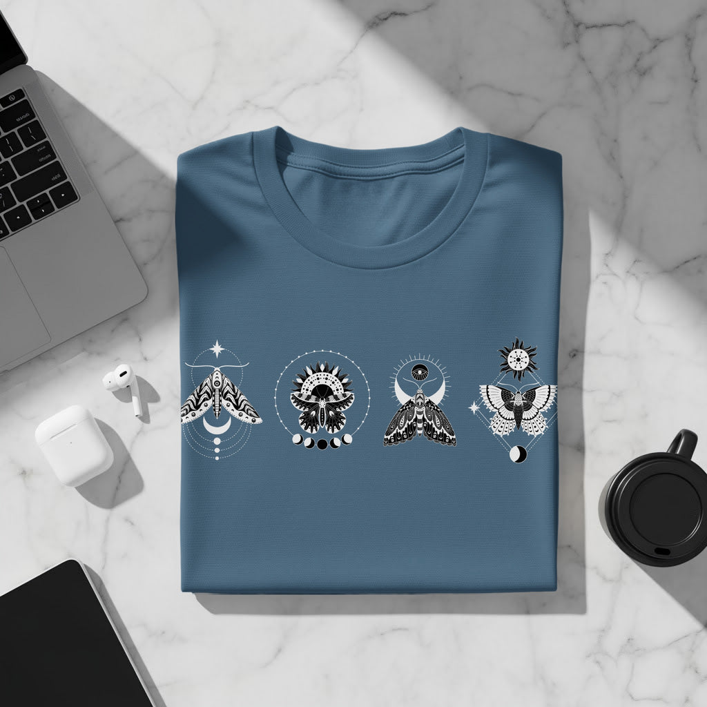 Blue t-shirt featuring four celestial moth designs with geometric and moon phase accents.