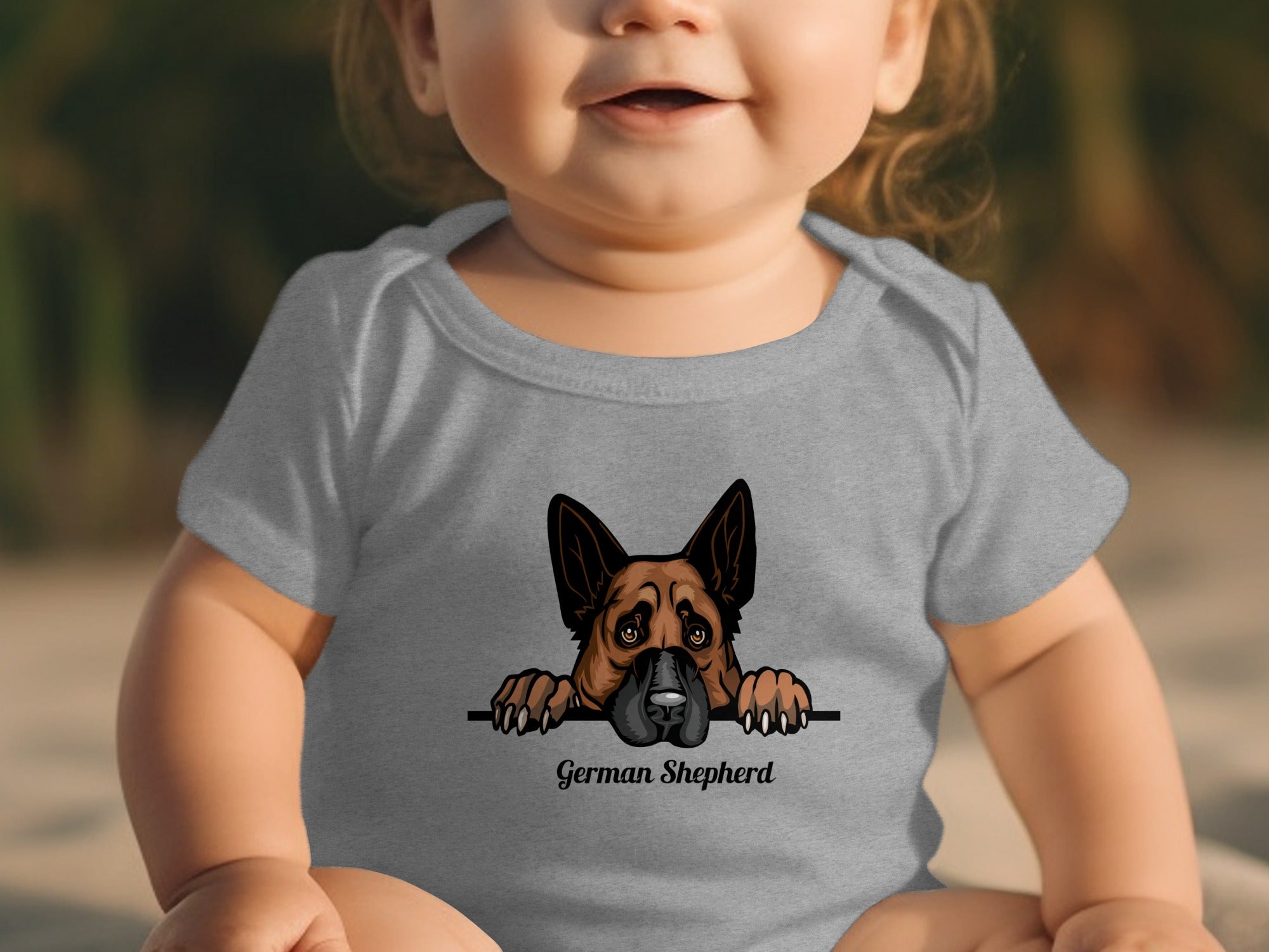 Gray baby onesie with German Shepherd graphic and text.