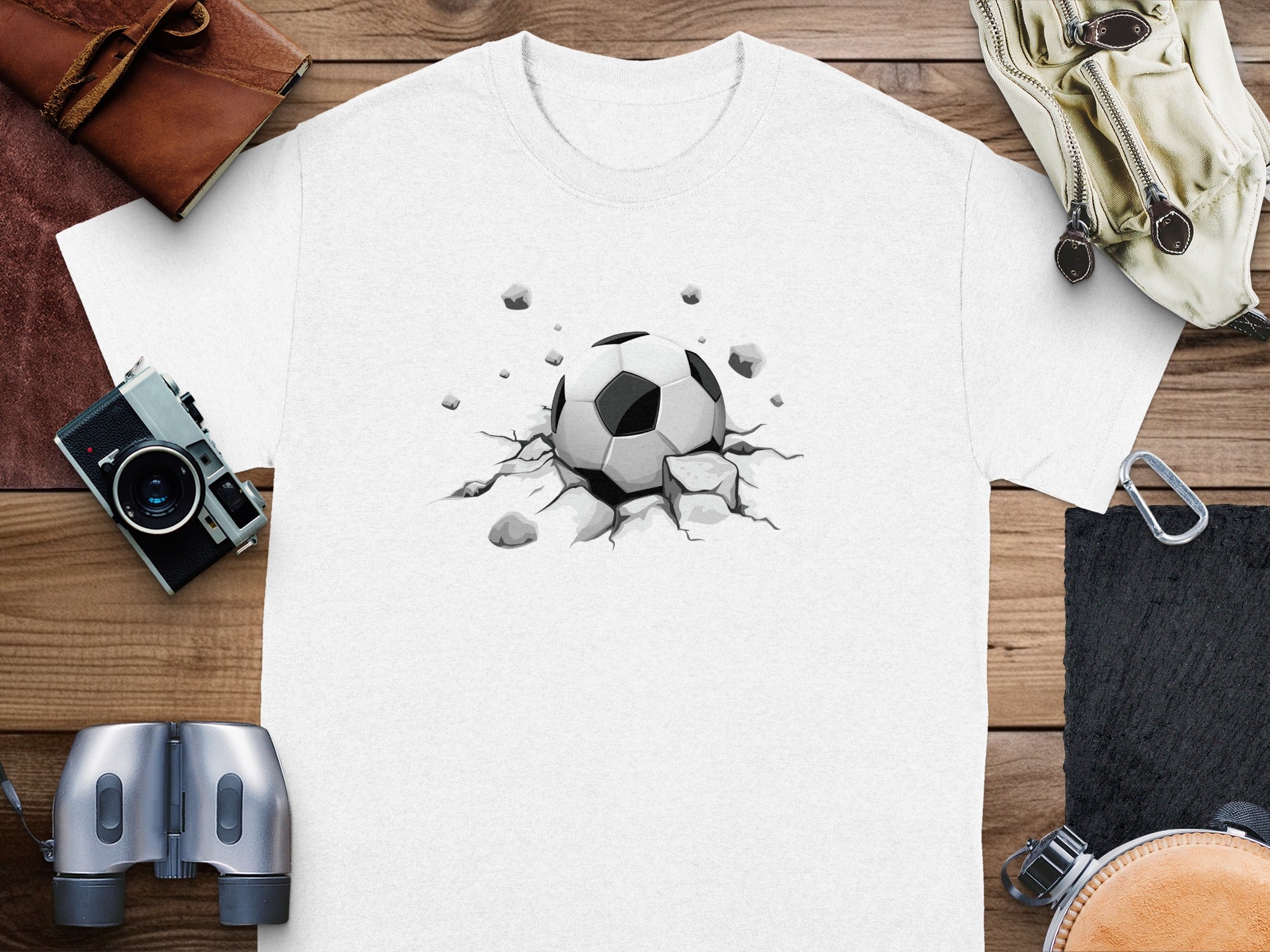 White t-shirt with a soccer ball breaking through cracked ground graphic.