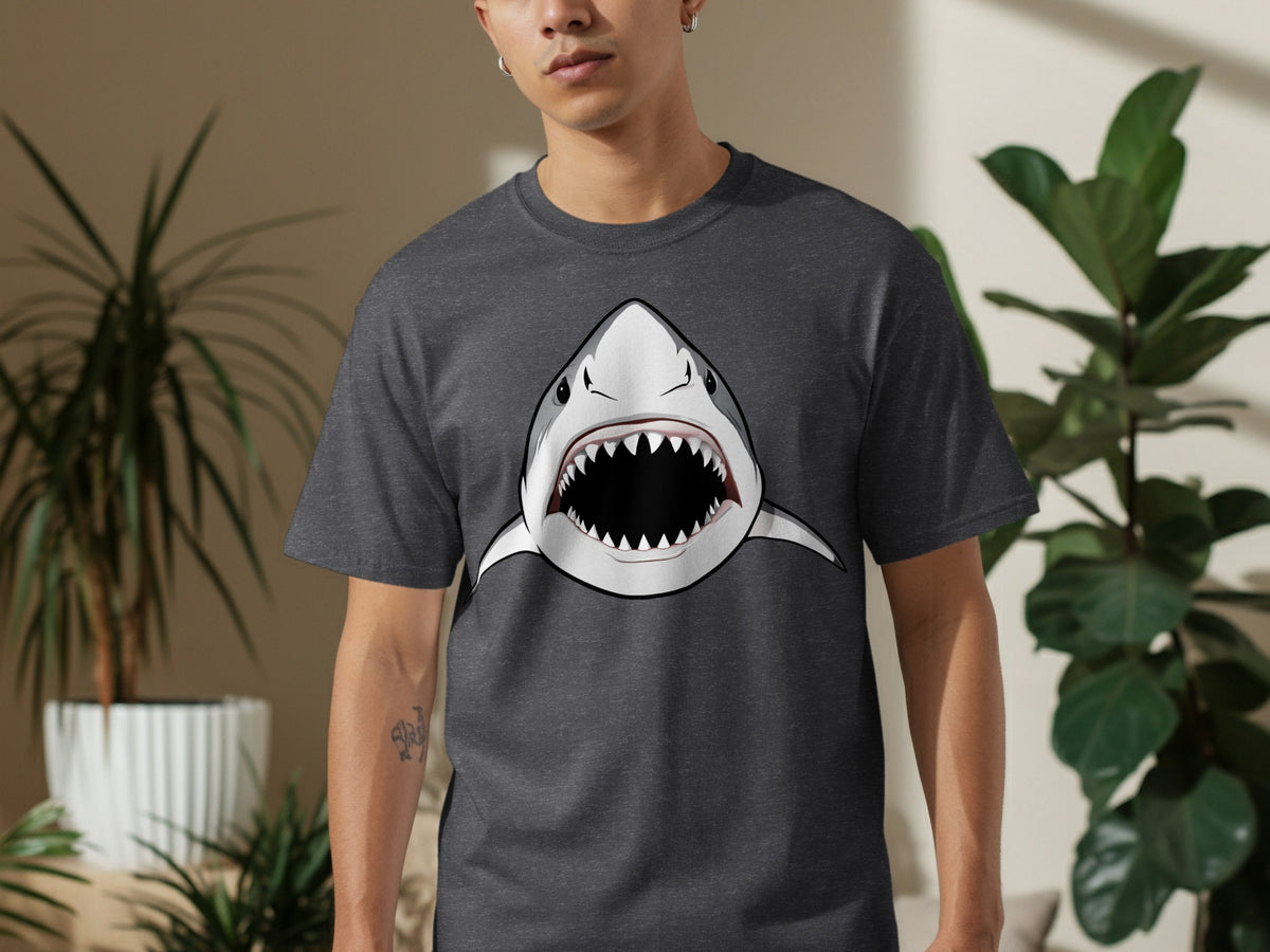 Dark grey t-shirt with a graphic of a shark's open mouth and sharp teeth.
