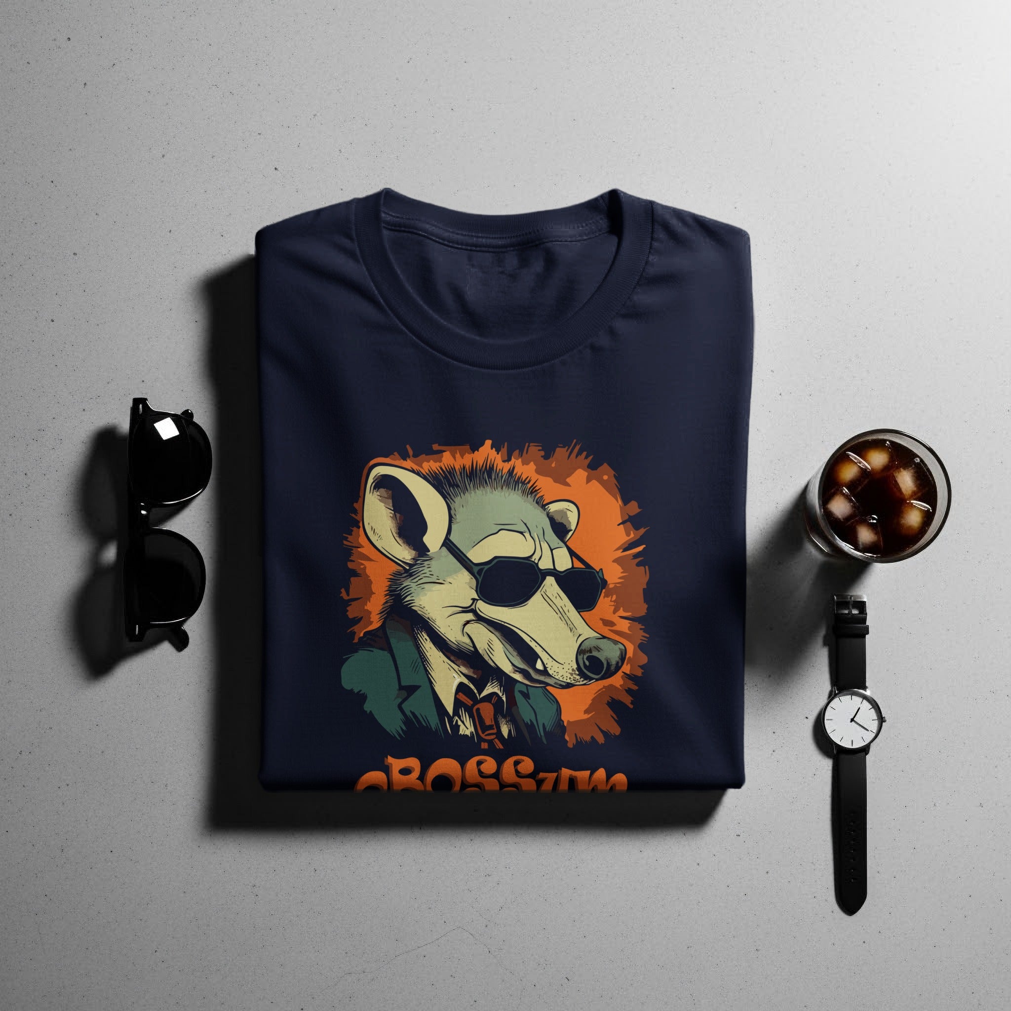 Navy t-shirt with a cartoon possum wearing sunglasses and a suit, with text.