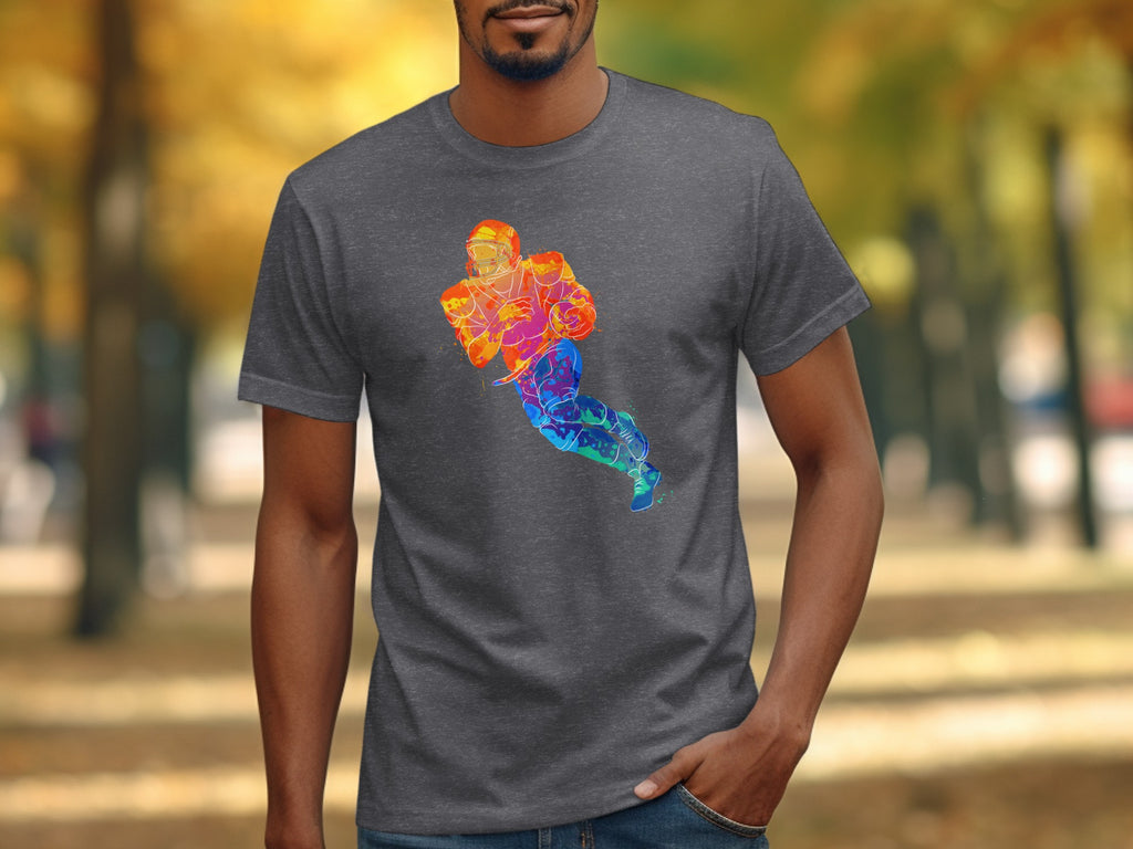 Dark grey t-shirt with a colorful watercolor football player graphic.
