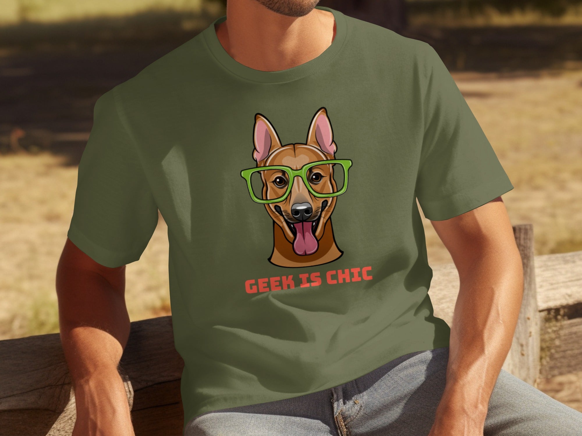 Brown dog wearing green glasses, with text "GEEK IS CHIC" below.