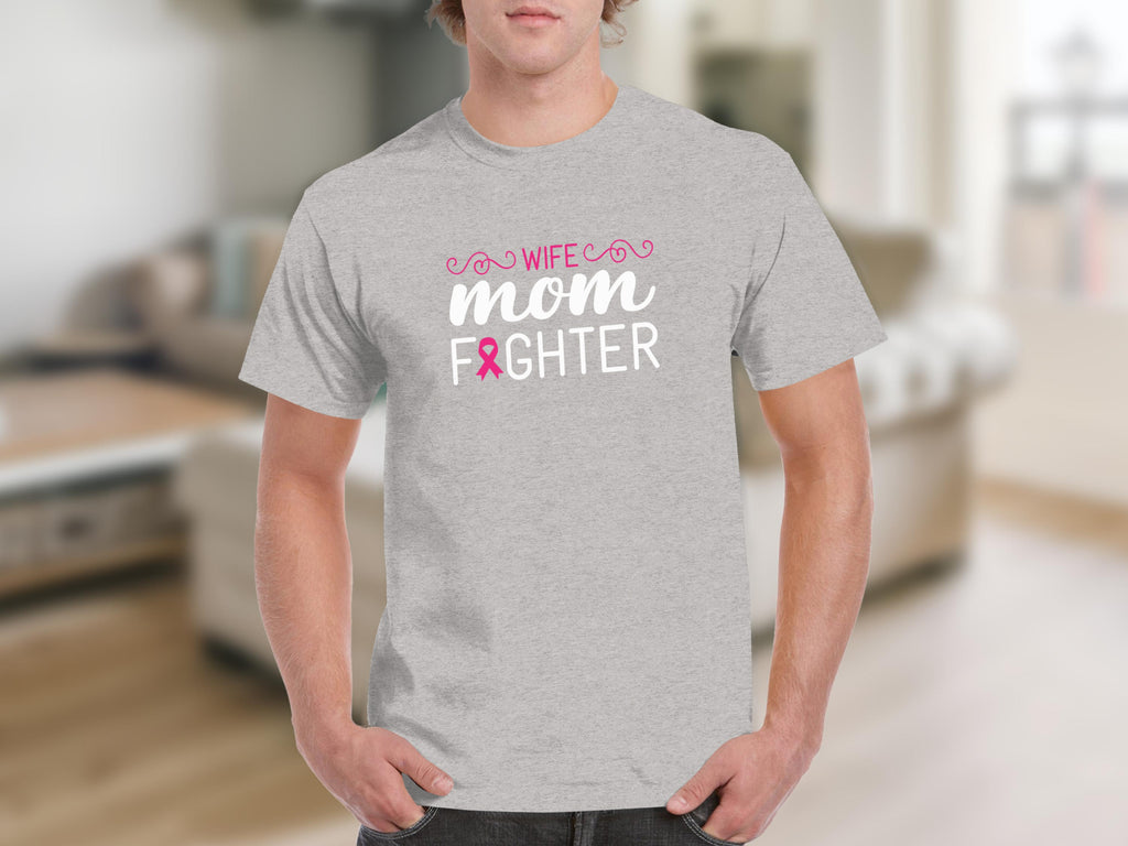 Grey t-shirt with pink and white text that reads "Wife Mom Fighter" and a pink ribbon.
