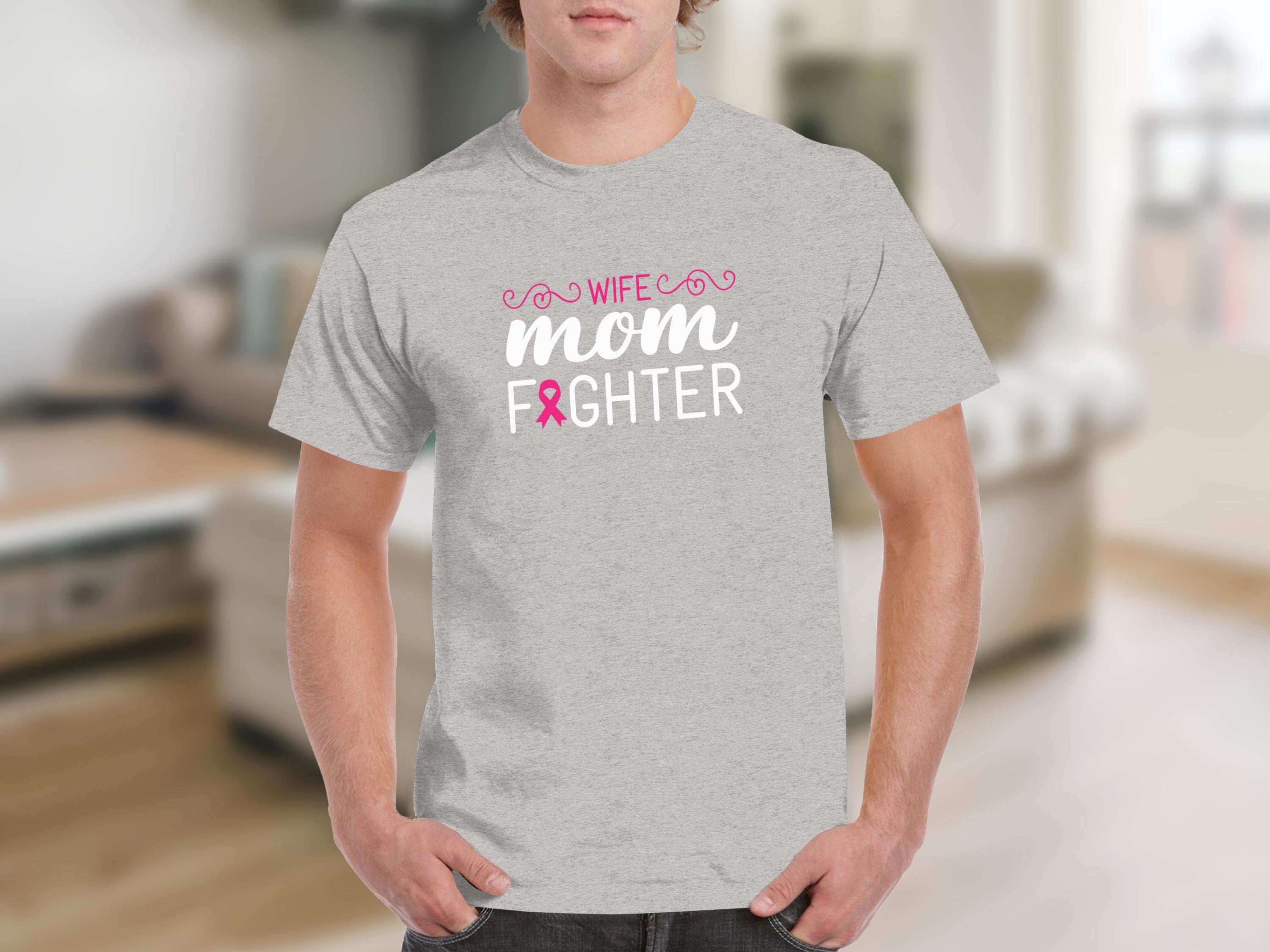 Grey t-shirt with pink and white text that reads "Wife Mom Fighter" and a pink ribbon.