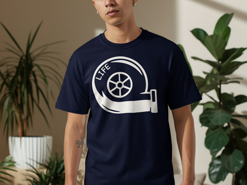 Navy t-shirt with a white turbocharger graphic and the word "LIFE".