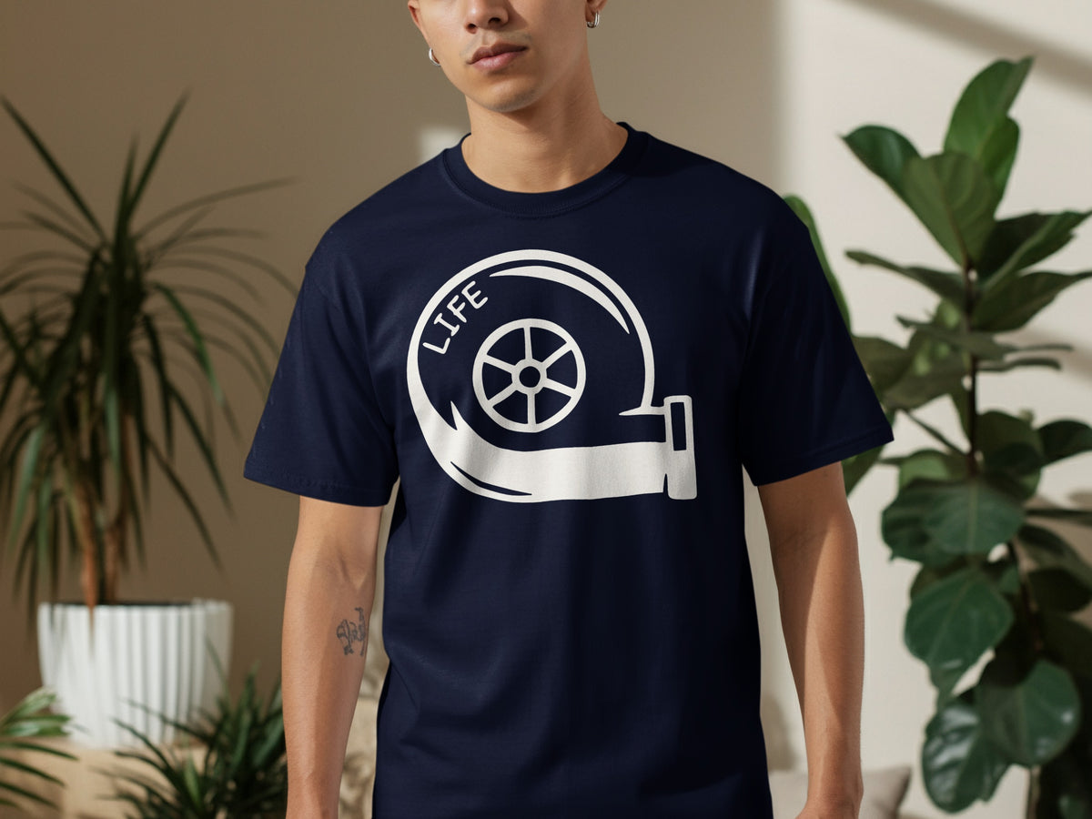 Navy t-shirt with a white turbocharger graphic and the word "LIFE".