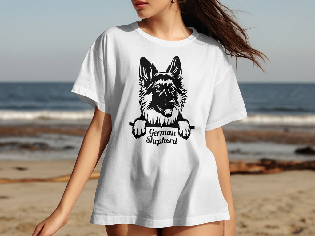 White t-shirt with a black German Shepherd graphic and text.